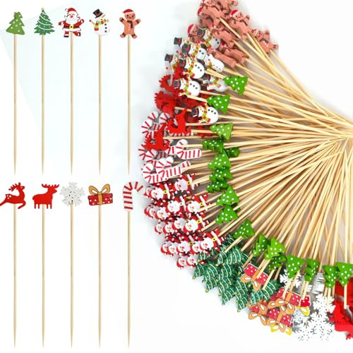 Yuaerbuo 200 Pics Cure Dent Noel 12cm, Noel Pique Aperitif Bambou avec Décoration 10 Modèles de Noëls Aperitif Pic Brochette Bois Apero pour Apéritifs, Déco Cocktail, Décoration de Fête de Noëls