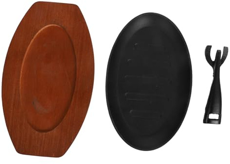 SMASOLO plancha de hierro fundido placa de bistec de hierro plato chisporroteante para el bistec bandeja sartén placa de fajita de madera Negro