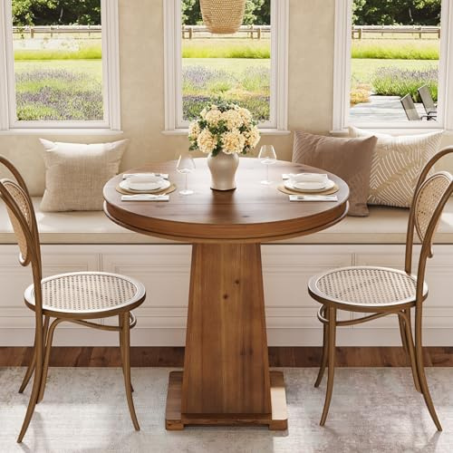 LITTLE TREE Solid Wood Round Dining Table, 31.5 Small Kitchen Table for 2, Modern Farmhouse Dinner Table for Dining Room, Kitchen, Living Room, Artistic Geometric Base, Table Only (Rustic Brown)