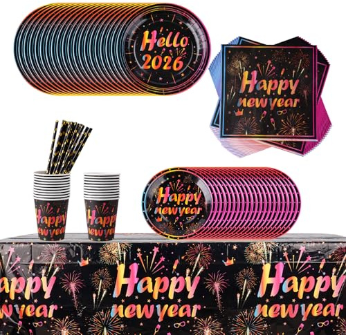 cnomg 101 PCS Happy New Years Plates and Napkins Set Eve Party Supplies Includes Happy New Year Plates Napkins Cups Straw Tablecloth Eve Table Decorations
