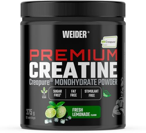 Weider Premium Creatine (375g) Sabor Limonada de Menta Fresca, Creatina Monohidrato 100% Creapure, Sin Azúcar, Vegano, Aumento del Rendimiento Físico (75 Porciones)