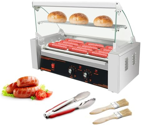 Hot Dog Roller Machine, 5 Rollers 12 Hot Dog Capacity 750W Stainless Dual Temp Control Glass Acrylic Hood, Bun Warmer Shelf Removable Drip Tray, ETL Certified, Commercial & Party Hot Dog Machine Use