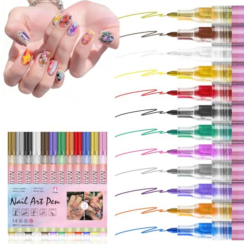12 Colors Nail Art Pens Set, 0.7mm Smooth Flow Nail Polish Markers for Gel & Acrylic Nails, Quick-Dry Waterproof Drawing Painting Dotting Pen Kit, DIY Manicure Art Design Tool
