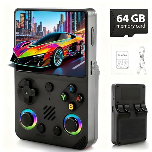 Rhesusco RG36PRO Handheld Game Console - Support 30000+Classic Games, 64G TF Card, Open Source System, 3.5-Inch Screen, 3000mAh Battery, Portable Console for Travel, Gift for Adult or Partner-Black