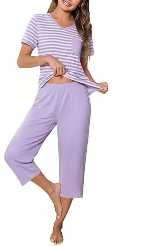 Crewhpo Pijama Mujer Verano Manga Corta Camiseta a Rayas y Pantalones Capri | Conjunto de Pijamas, Algodón, Cuello en V, Bolsillo de Pecho, Pantalón 3/4, Cintura Elástica, 2 Piezas, Ropa de Dormir