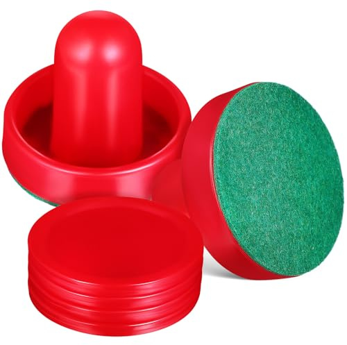 Toyvian Air Hockey Pushers and 60mm Red Pucks with 2 Red Handles and 2 Felt Pads, Ice Hockey Table Game Accessories Replacement Set for Leisure Sports