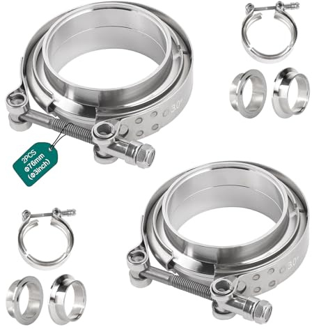 SUPAWAY 2 Parejas Abrazadera V-Band + Bridas Ø 76 mm (3,0 pulgadas) Conector para escape en Acero Inoxidable Abrazadera V con bridas para turbo, escape, downpipe con anillos de centrado (Plateado)
