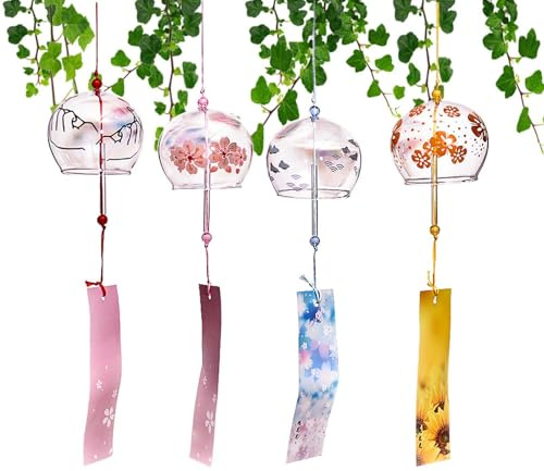 Campanella eolica giapponese - Set 4 pezzi stile nippon | Vetrate artistiche a libellula, ciondolo augurale per famiglia