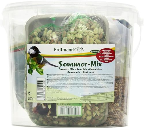 Erdtmanns Sommer Vogelfutter - Wildvogelfutter mit Früchten 2,6 kg | Vogelfutter Sommer für Wildvögel mit Früchten, Getreideflocken und Nüssen im wiederverschließbaren Eimer für Garten