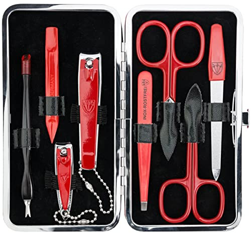 DREI SCHWERTER Markenqualität Nagelpflegeset 'Cuneo' 8-tlg. Maniküre Pediküre Reise Pflege Set Nagelset Nagelnecessaire, Stahlinstrumente Markenqualität, Maniküreset Kunst Leder Etui Box