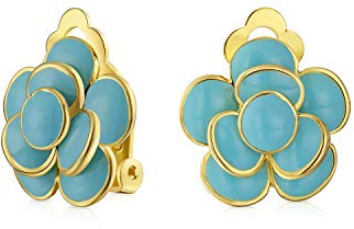 Boucles D'Oreilles Rétro À Clip En Forme De Rose En Émail Bleu Turquoise Simulé Style Bouton Pour Oreilles Non Percées En Laiton Plaqué Or