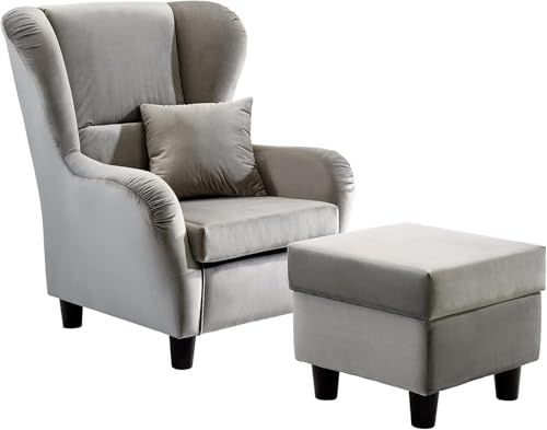lifestyle4living Ohrensessel mit Hocker in grauem Samt bezogen | Der perfekte Polstersessel für entspannte, Lange Fernseh- und Leseabende. Abschalten und genießen!