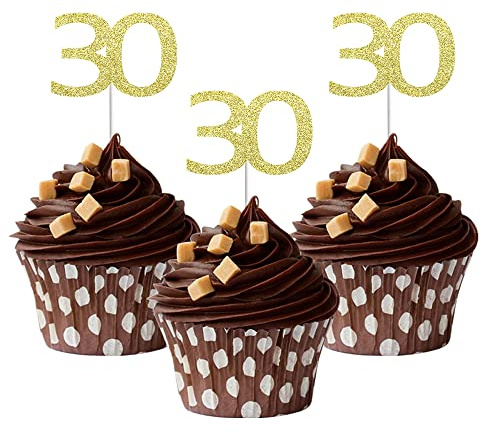 Sumerk 24PCS 30 Cupcake toppers Gold Glitter 30th Birthday Cupcake Picks Anniversary Party Decorations