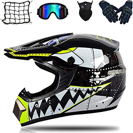 Hai Motorrad Crosshelm Kinder Motocross Helm Set Off Road Helm Motorradhelm Schutzhelm Kit für ATV Downhill MTB Sicherheit Schutz mit Brille Handschuhe Maske Motorrad Netz (5 Pcs),Schwarz,XL