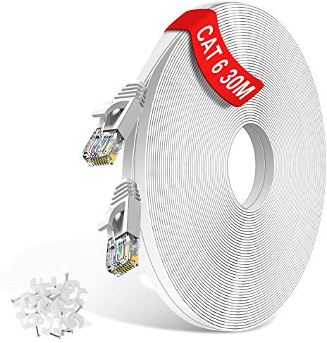 Cat6 Ethernet Cable 30m/20m/15m/10m/5m/3m/2m/1m Flat Lan Cable RJ45 High Speed 1000 Mbit/s Network Cable, UTP Internet Patch Cable Compatible with Cat5/Cat7 - for Switch/Router/Modem, White(30Meter)