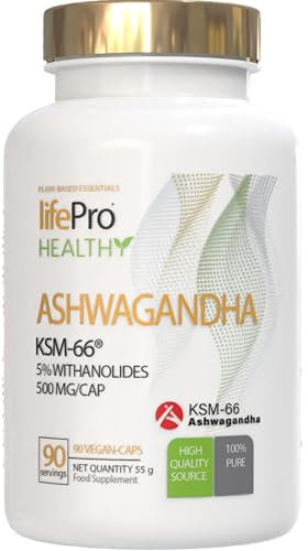 Life Pro Ashwagandha KSM-66 1500mg, Ashwagandha capsulas veganas, Alivio del Estrés y Energía Natural, Ashwagandha Orgánica Certificada, 5% Withanólidos, 500 mg/cápsula para 30 hasta 90 tomas