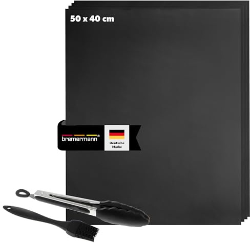 bremermann Grillmatten-Set 6tlg. inkl. Zange und Pinsel // Matte 50 x 40 cm // Wiederverwendbare Grillunterlage auch für Backofen, Grillfolie