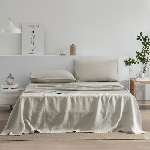 EVERLY Linen Sheets Set Full Size,100% French Stonewash Pure Linen Bed Sheets,4Pieces (1Flat Sheet,1Fitted Sheet,2Pillowcase) Suitable for Hot Sleepers,Deep Pocket Natural Bedding Set