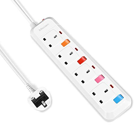 Mscien 3M Extension Lead With Independent Switch 4 Way Extension Lead UK Wall Mount Power Strip With 3 Meter Extension Cord 4 Gang Plug Extension Sockets 2500W/10A