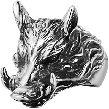 Bague de sanglier pour homme en acier inoxydable - Bague de cochon vintage - Bague de sanglier viking nordique - Bague de tête de sanglier - Anneau, pendentif en forme de sanglier - Cadeau, 19.8, No