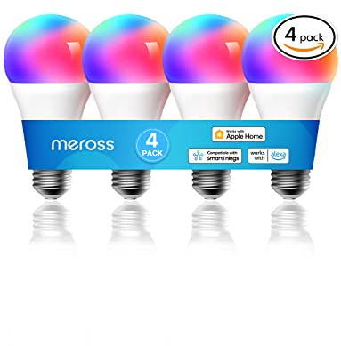 meross Smart Light Bulb, Smart WiFi LED Bulbs Compatible with Apple HomeKit, Siri, Alexa, SmartThings, Dimmable E26 Multicolor 2700K-6500K RGBWW, 900 Lumens 60W Equivalent, 4 Pack