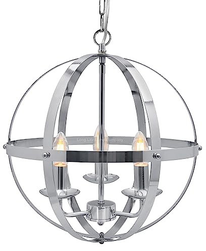 Long Life Lamp Company Industrial 3 Light Globe Pendant Light Chrome Chained Lantern Ceiling Chandelier Hanging Light Fixture H3090
