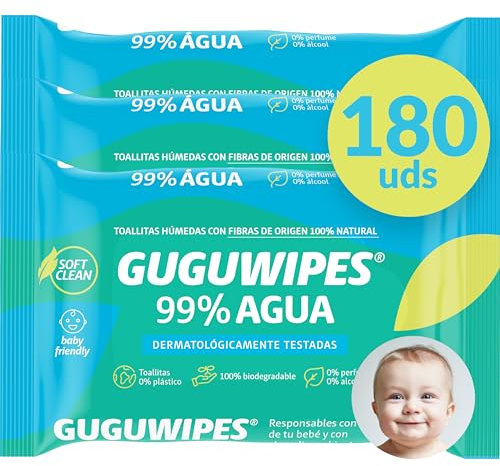 Guguwipes Toallitas húmedas para bebé 99% agua sin plástico - 180 uds (pack 60x3) - Fibras origen 100% natural