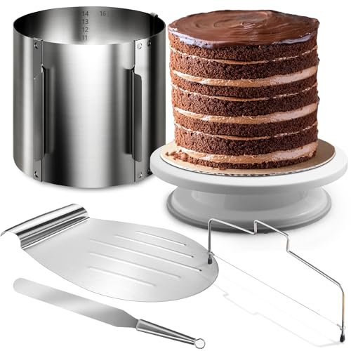 4smile Torten-Zubehör-Set 5 Teile - Tortenring verstellbar hoch 15 cm + Tortenschneider + Tortenheber + Tortenplatte drehbar + Streichpalette - Praktisches Backzubehör-Set
