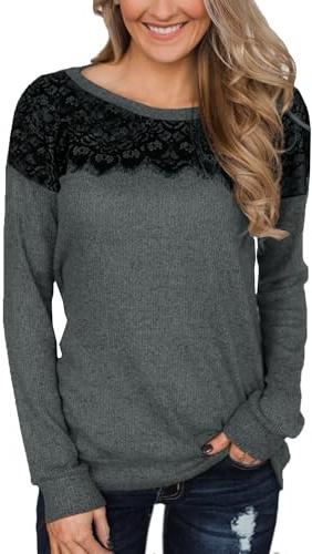 BesserBay - Maglietta da donna autunnale con scollo rotondo a maniche lunghe con pizzo nero, top casual, taglie S-XXL, grigio, M
