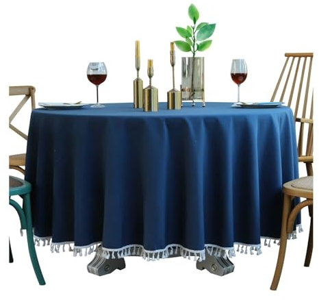 Epinki 120CM Tischtuch Rund, Tischdecken Einfarbig mit Quaste Baumwolle Leinen, Tischtuch Biertisch Wasserabweisend Mitteldecke für das ganze Jahr, Dunkelblau