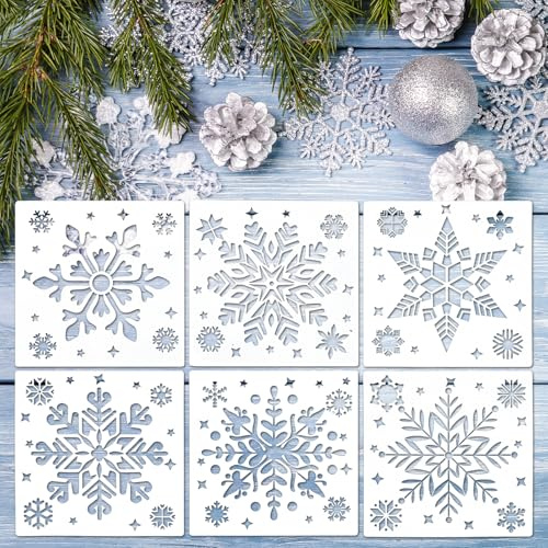 6 stycken julmallar, stora julsnöflingor mallar, vinter snöflingor ornament för målning på trä, återanvändbara mallar för gör-det-själv julkort heminredning