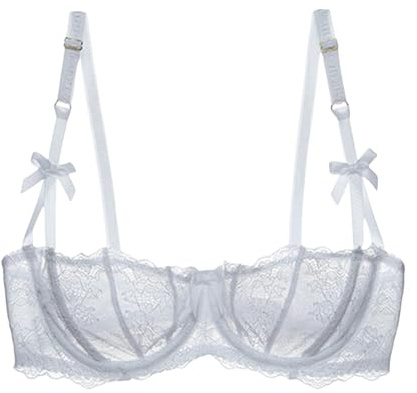HLYLDL Women's Plus Size Lace Balconette Bralette Bra Push Up Underwire See Through Half Cup Bras White