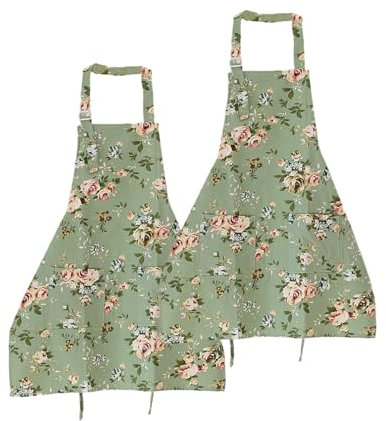 HUANR 2 Piezas Delantales de Cocina, Versión con Cordones Mandiles de Cocina, Correa Ajustable para el Cuello, Lona Delantal Mujer, con 2 Bolsillos Grandes para Cocinar, Jardinería, Limpieza
