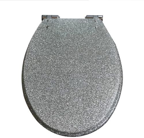 Silberner Glitzer WC Sitz, Toilettendeckel aus Harz, 42x36cm Oval Klodeckel, WC Deckel mit Scharniere aus Edelstahl, Quick-Release, Einfach zu Montieren, Leicht zu Reinigen, Top-Installation