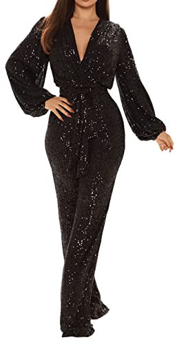 Glitzer Jumpsuit Damen grün, Jumpsuit Damen Party Glitzer Hosenanzug Langarm Lang Hochzeit Overall Romper Elegant Pailletten Playsuit Festlich Casual Einteiler Jumpsuits Clubwear