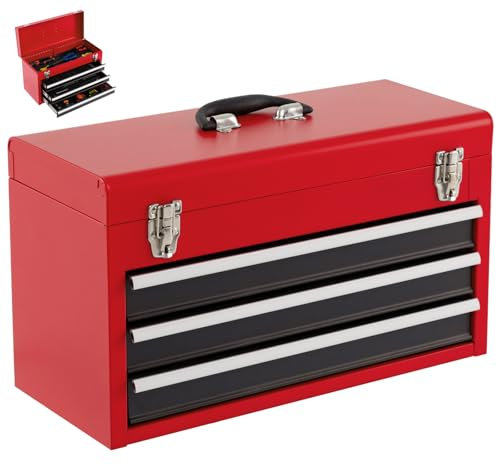 COSTWAY 3 Drawers Tool Box, Lockable Steel Toolbox with Top Storage Tray, Ball Bearing Runners, EVA Liners & Carry Handle, Tool Chest Storage Cabinet for Home Workshop (Red+Black)