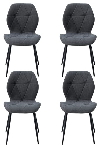 JZGORC Set di 4 Sedie da Sala da Pranzo, Sedia da Cucina in Tessuto a Quadri di Lino, Sedia Imbottita con Spugna ad Alta Densità, Adatta per Sala da Pranzo, Cucina, Soggiorno - Grigio Scuro