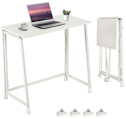 MEUBLE Cosy Escritorio Plegable con Ruedas Mesa de Ordenador para Ahorrar Espacio Oficina Hogar Estudio, Estructura de Acero, Escandinavo, Montaje Sencillo, Blanco