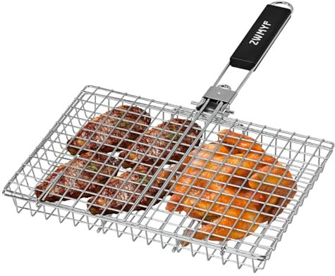 ZWMYF Resistente griglia in acciaio inox per campeggio e barbecue, pieghevole, portatile, con manico staccabile, rete antiaderente per pesce, verdure, gamberetti, hamburger e altro ancora