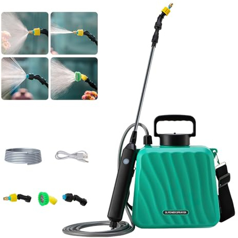 Drucksprüher 5 Liter,Universelle Sprühflasche,Elektrischer Pflanzensprüher mit 3 Nebeldüsen,USB-aufladbarem Griff,Teleskopstab,Unkrautspritze & Wassersprüher mit Verstellbarem Schultergurt (Blau)