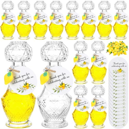 Chuangdi Set di 16 mini bottiglie di vetro per limoncello con etichette, 48,2 g, ciondoli a forma di limone, bomboniere per Natale, produzione fatta in casa, matrimoni, baby shower, regali (eleganti)