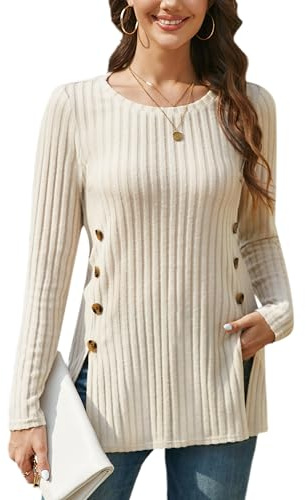 Enmain Maglioni Donna Leggero Pullover Scollo Tondo a Maniche Lunghe Elegante Top Tunica Invernale Beige per Leggings L