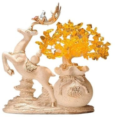 Lizhuzhuzs28 Crystal Tree Home Fortune Deer Ornament, Citrine Money Tree, Living Room Entryway Wine Cooler Decorations Gemstone Tree(Beige)