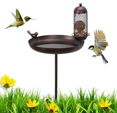 Fellflying Vogeltranke Draußen, Vogelbad Mit Futterschale Auf Stab Den Außenbereich, Stehende Rostfreie Futterschale Als Gartendekoration Für Rasen Terrasse Und Beete