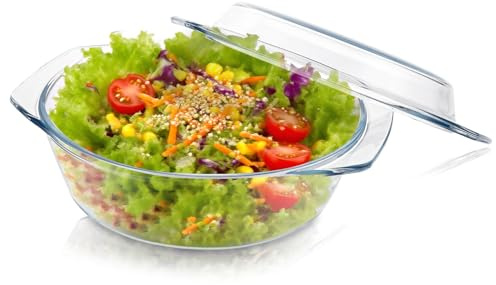 YAYODS Pirofila in vetro con coperchio, 1000 ml, piccola teglia rotonda, 21,5 cm, per lasagne, forno a microonde, in vetro con coperchio, per macedonia, carne, forno a microonde