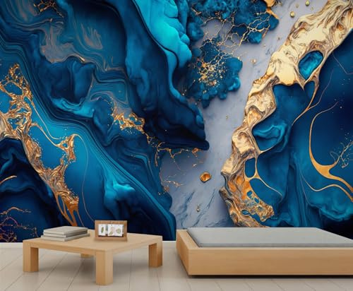 FACADUP Deep Blue Marble Murals, Modern Luxurious Gilded Marble Texture Wallpaper for Living Room Bedroom 100x70cm Artwork Background Wall Stickers (Not Self-Adhesive)