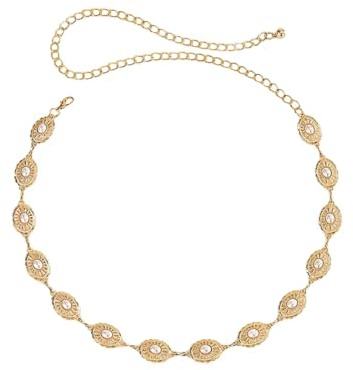 HAMKU Ceinture Chaîne Femme Dorée avec Perles – Ceinture Métal Élégante Taille Réglable avec Motif Floral Ajouré, Accessoire Mode pour Robes, Jeans, Jupes, Soirées & Cérémonies