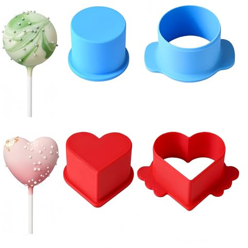 Red and Blue Cake Pop Cutter Set, 2 Heart and 2 Circle Moulds | Reusable Baking Tools for Cake Pops, Cookies and Desserts