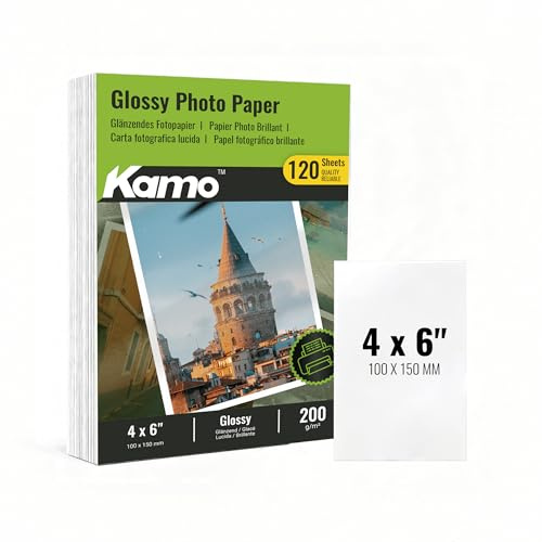 Kamo Fotopapier 10x15 cm Glänzend, 200 g/m², 120 Blatt, für Tintenstrahldrucker, schnelltrocknend, ideal für Familienfotos, Urlaubsbilder, Fotoalben und kreative Projekte