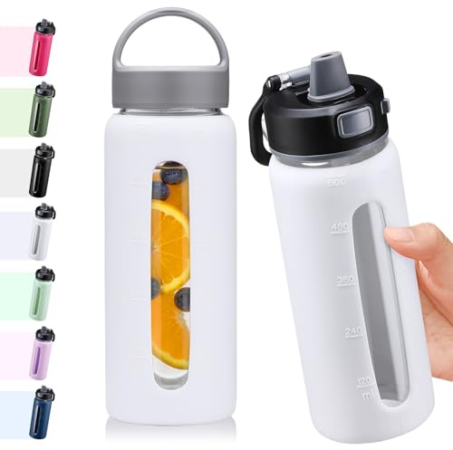 BLUEGO 600 ml glasvattenflaska med 2 lock med en knapptryckning låslock och handtag lock återanvändbar dricksflaska med tidsmärkning för resor hem gym sport BPA-fri, vit